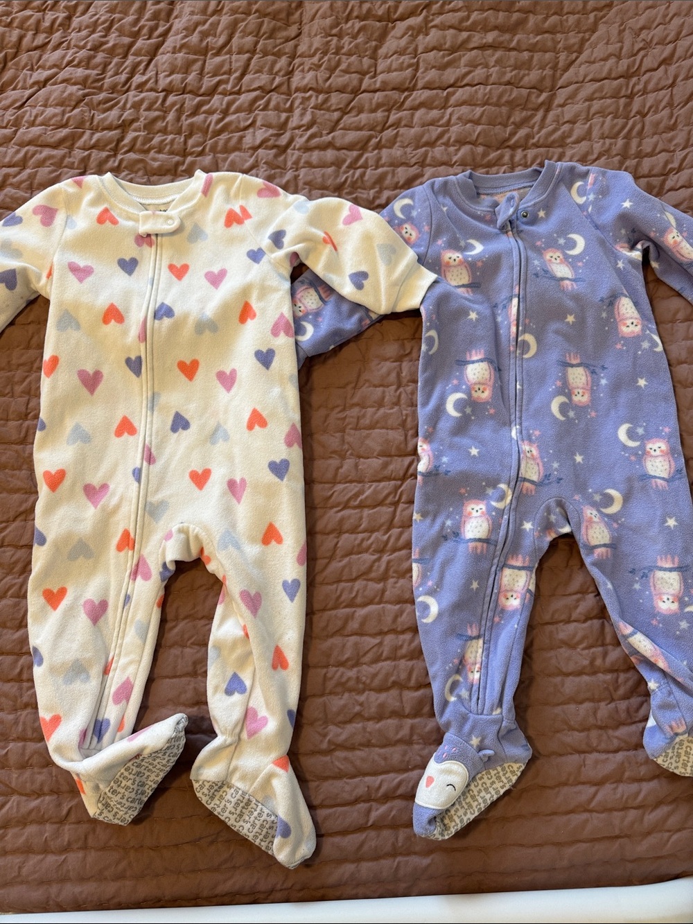 Carter's Girls Heart & Owl Footed One-Piece Sleepers - White, Lavender